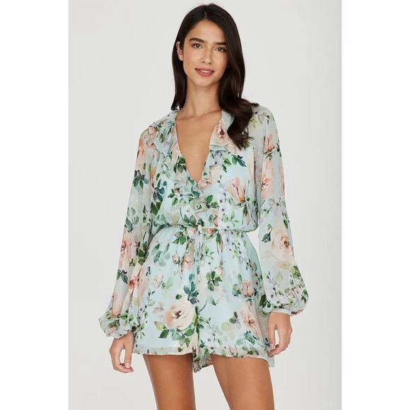 Yumi Kim Maya Romper XS Sunday Rose Aqua Floral Long Sleeve NWT Silk Chiffon - Picture 2 of 15